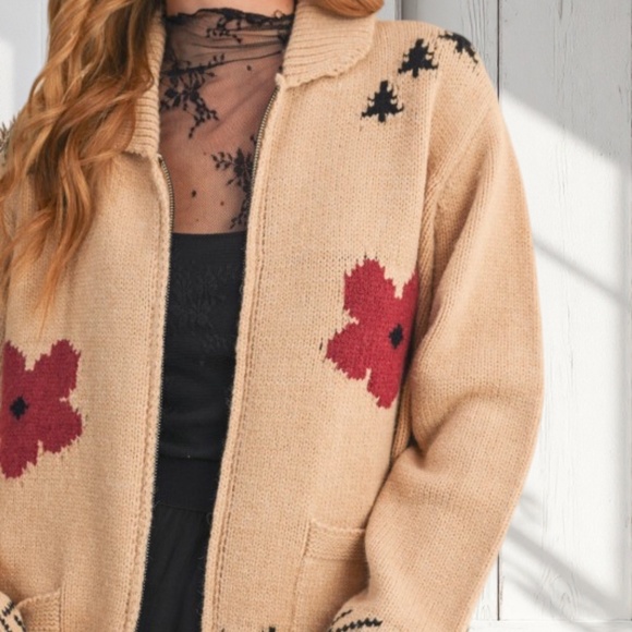 Taupe Horse Floral Knit Zip Up Western Cardigan Sweater w/ Pockets & Collar - Picture 2 of 3